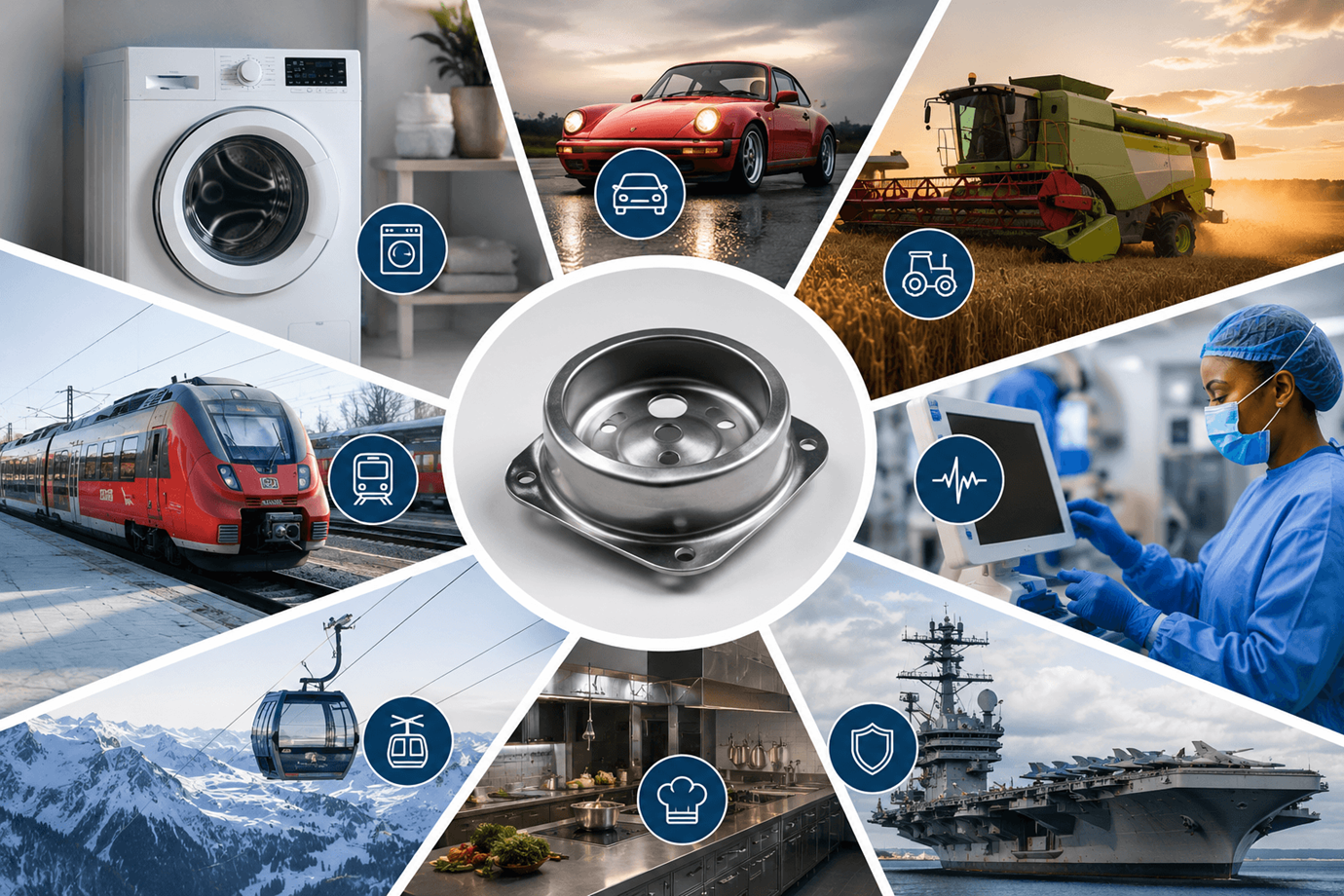 Branchenvielfalt Stickel – Blechumformteile für Haushaltsgeräte, Automotive, Agrartechnik, Medizintechnik, Bahntechnik, Sonderfahrzeuge, Profiküchen und Verteidigung